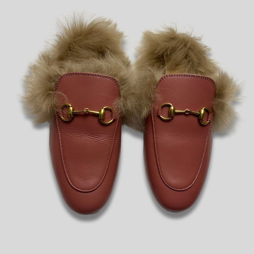 GUCCI Pink Wool-Lined Princetown Slippers Size 35